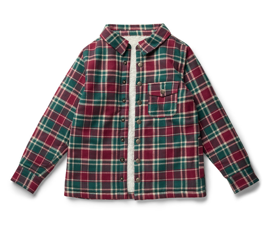 Chemise à manches longues à carreaux verte, rouge et beige étalée à plat.