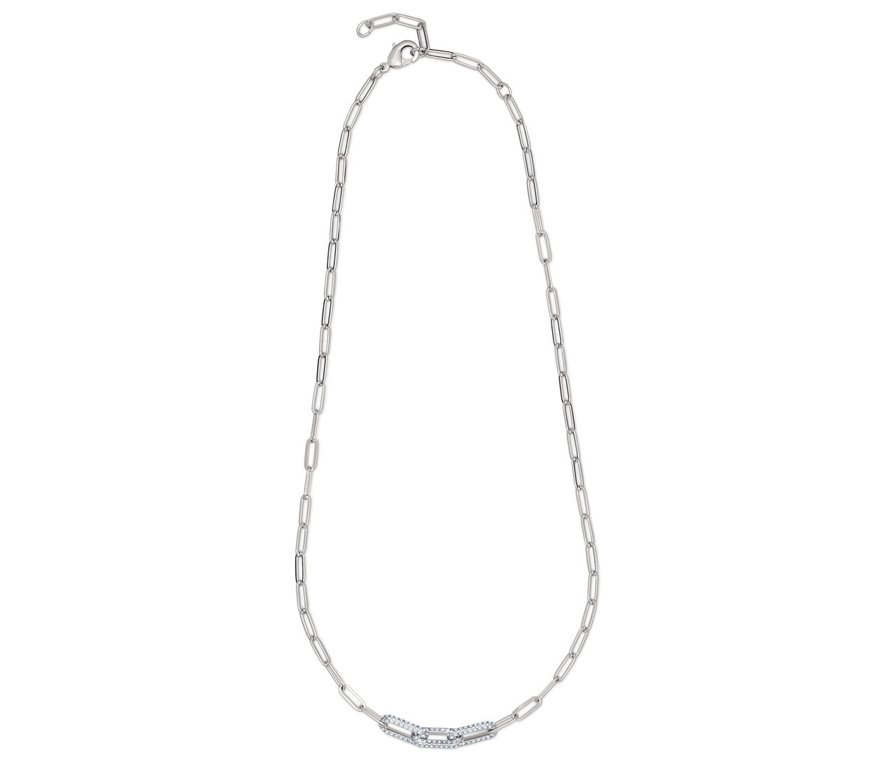 Collier argenté avec maillons rectangulaires et élément central décoratif.