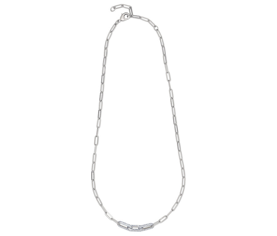 Collier argenté avec maillons rectangulaires et élément central décoratif.