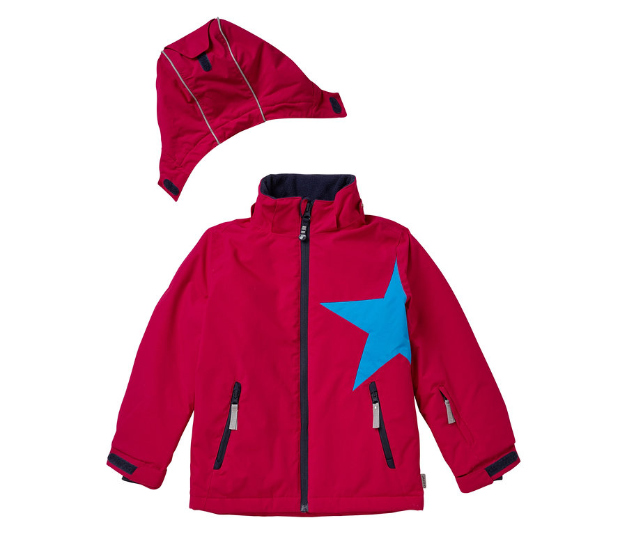 Veste de neige JAKO-O couleur raisin avec étoile bleue sur le devant et capuche amovible.