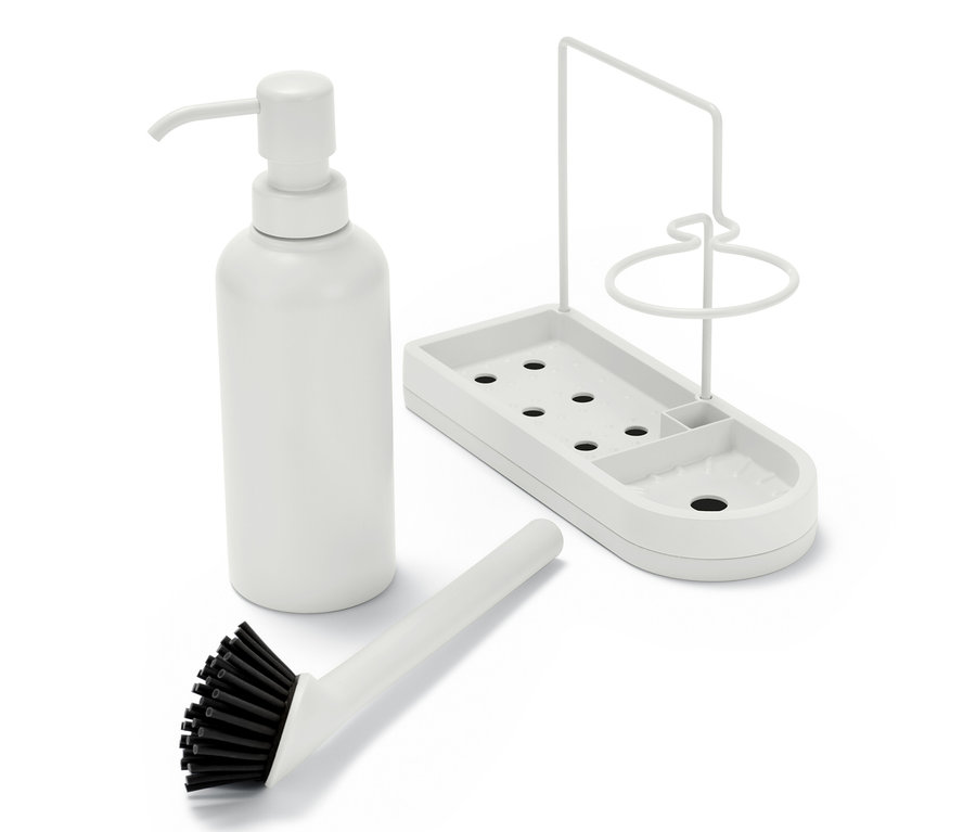 Un organisateur d’évier blanc, un flacon à pompe et une brosse à vaisselle sur fond blanc.