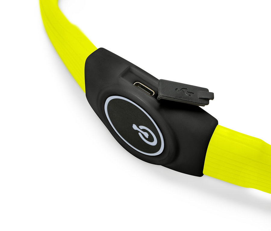 Gros plan d'un collier à LED pour chien avec un module de commande noir et une bande jaune.