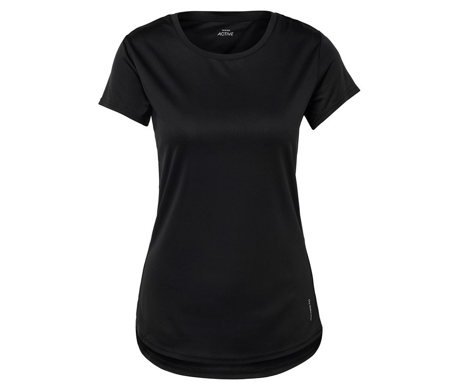 T-shirt de sport noir à manches courtes sur fond blanc.