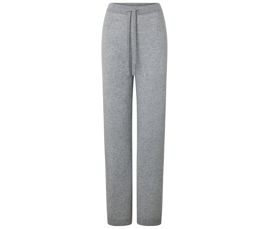 Pantalon en tricot gris avec cordon de serrage à la taille.