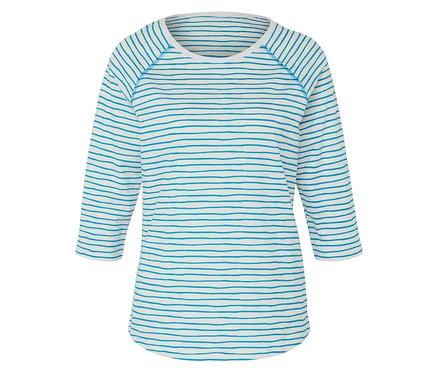 Haut rayé crème avec manches trois quarts et rayures bleu-vert.