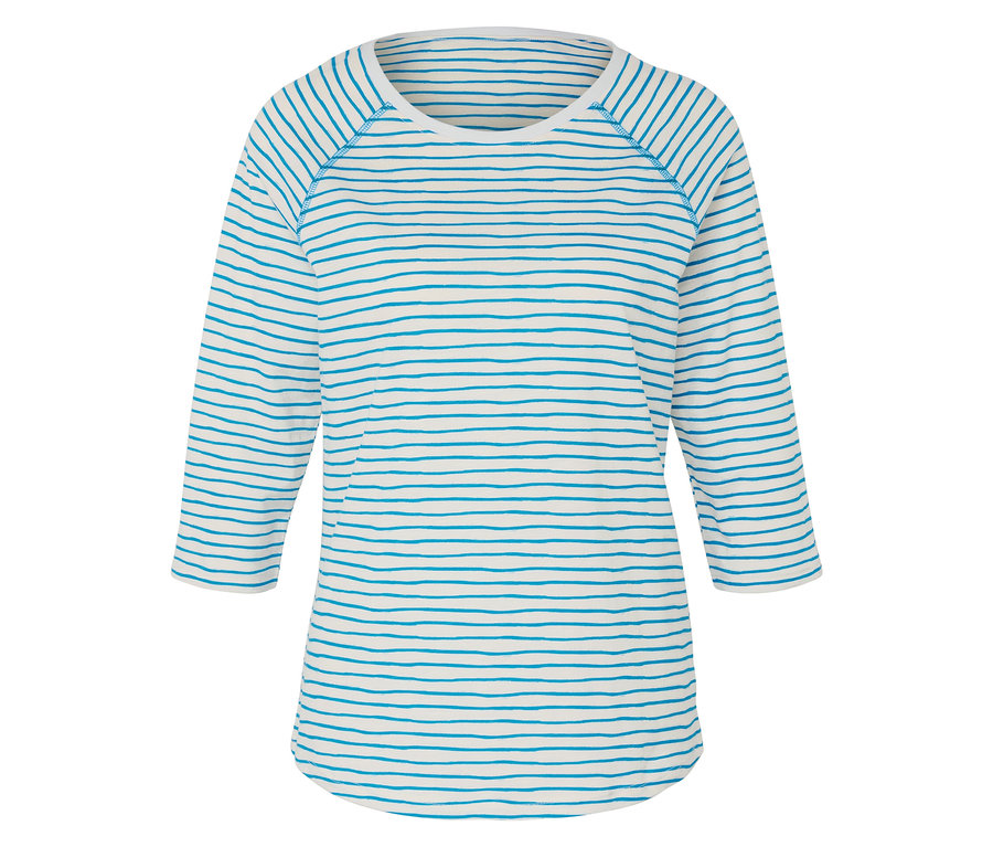 Haut rayé crème avec manches trois quarts et rayures bleu-vert.