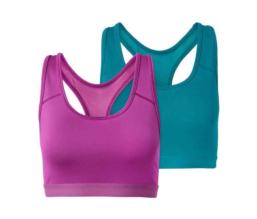 Deux brassières de sport, une rose et une turquoise.