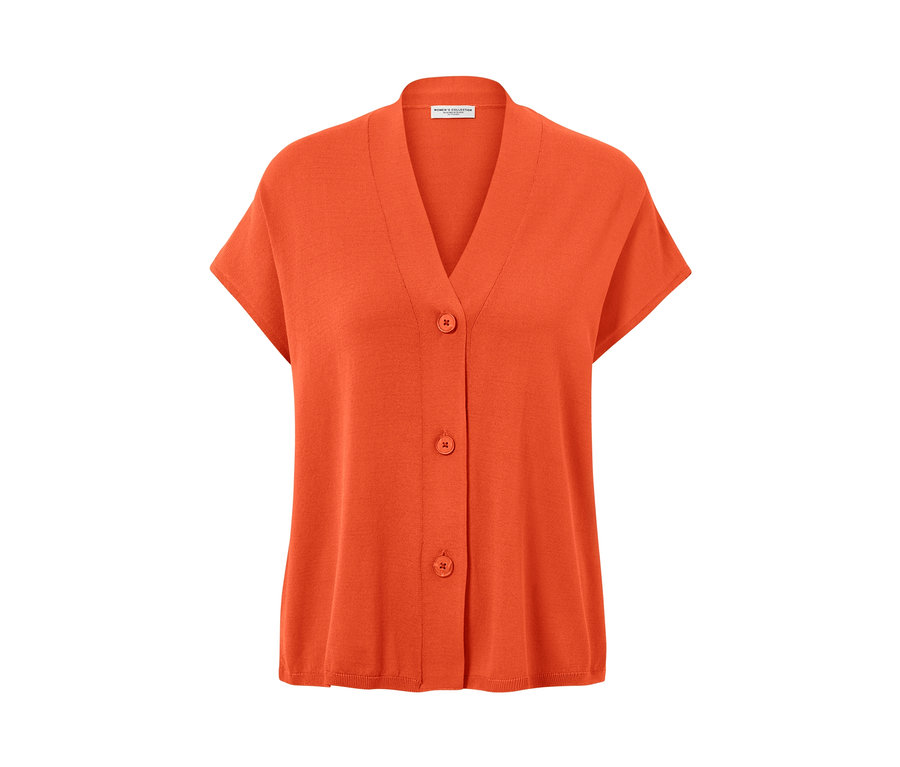 Cardigan orange à manches courtes avec trois boutons.