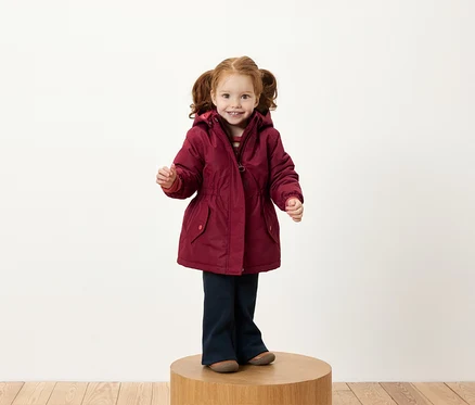 Une fille avec des couettes rousses se tient sur un socle en bois, portant une veste bordeaux et un pantalon bleu marine.
