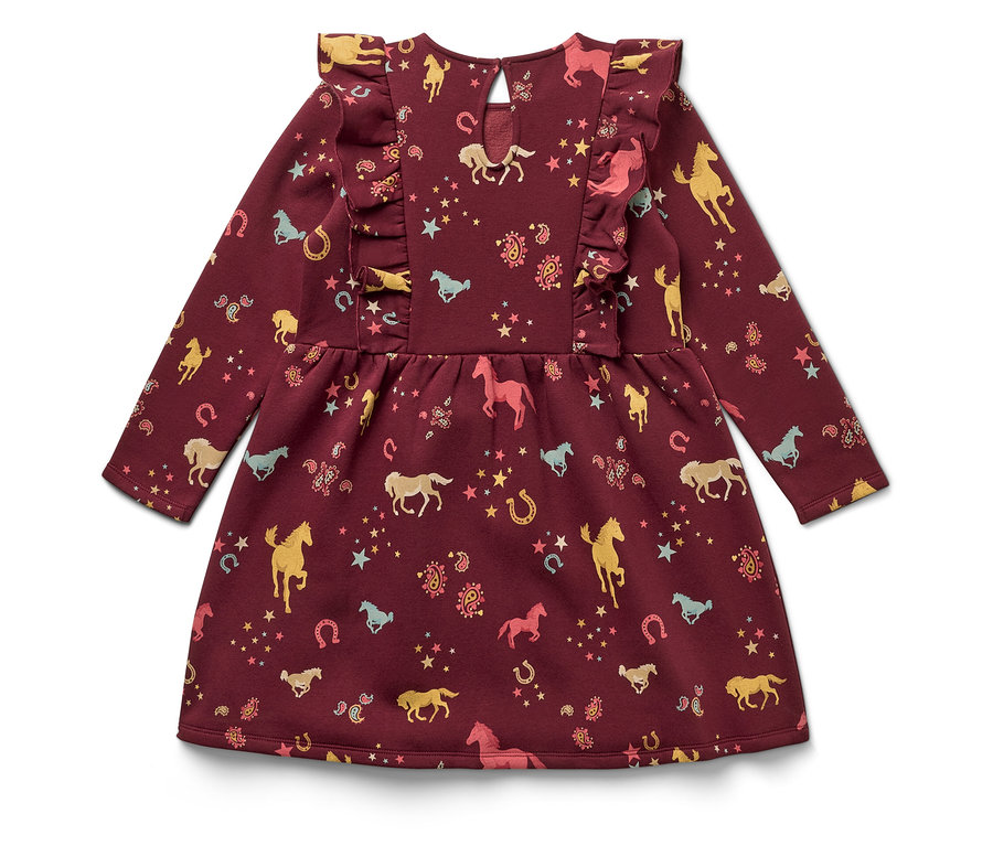 Une robe bordeaux à manches longues avec des volants et un imprimé de chevaux, de fers à cheval et d'étoiles.