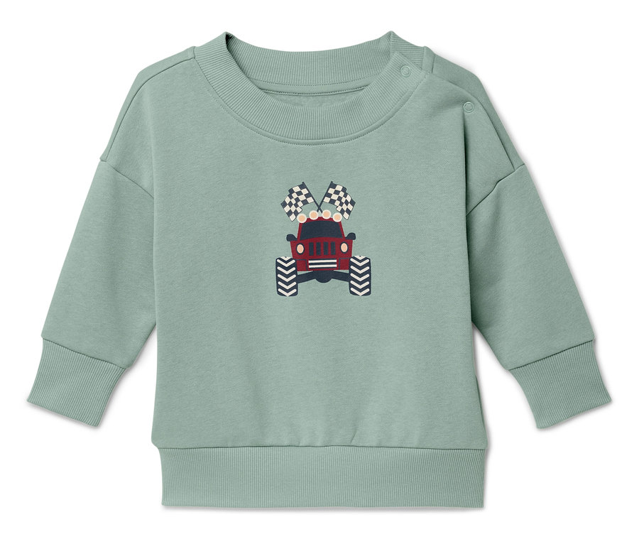 Sweat-shirt vert avec un imprimé de jeep rouge et de drapeaux à damier.