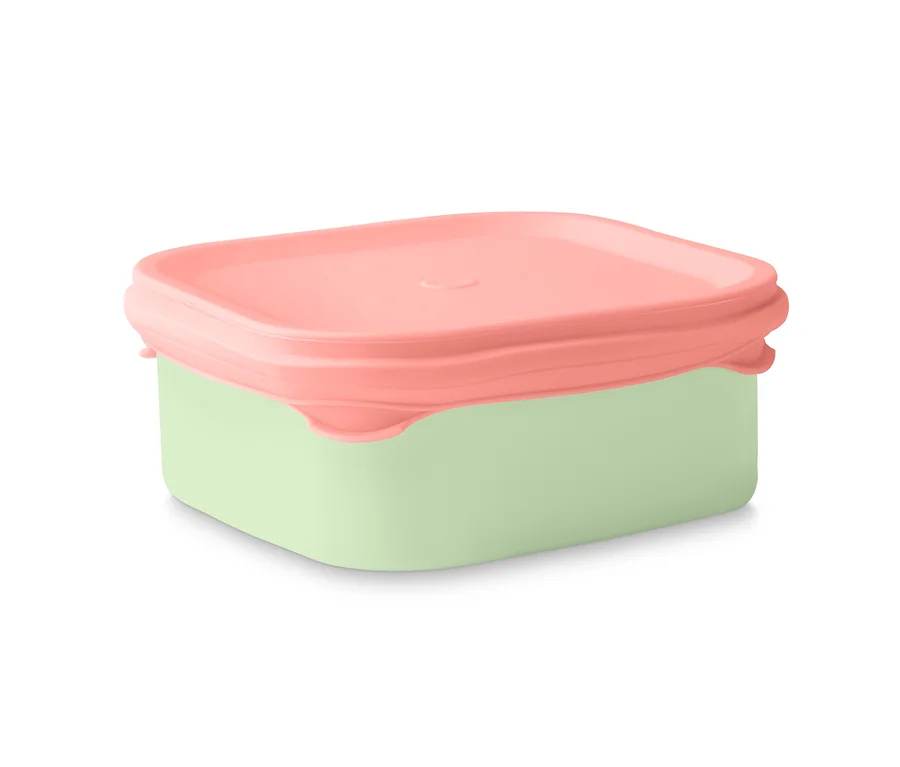 Boîte à lunch émaillée verte avec couvercle rose.