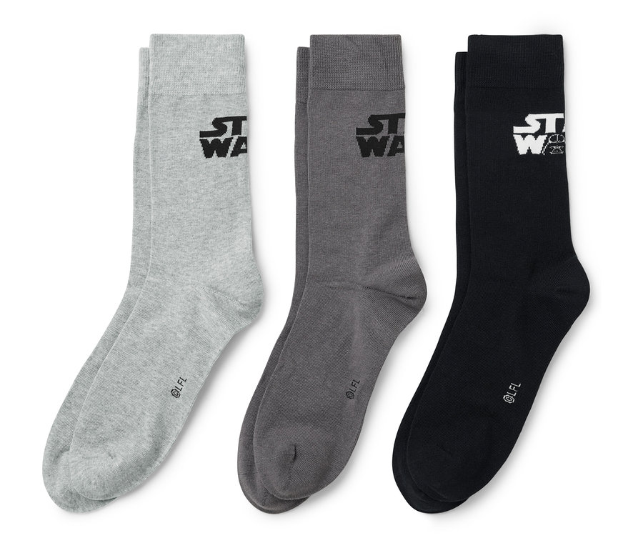 Trois paires de chaussettes Star Wars : grises, gris foncé et noires.