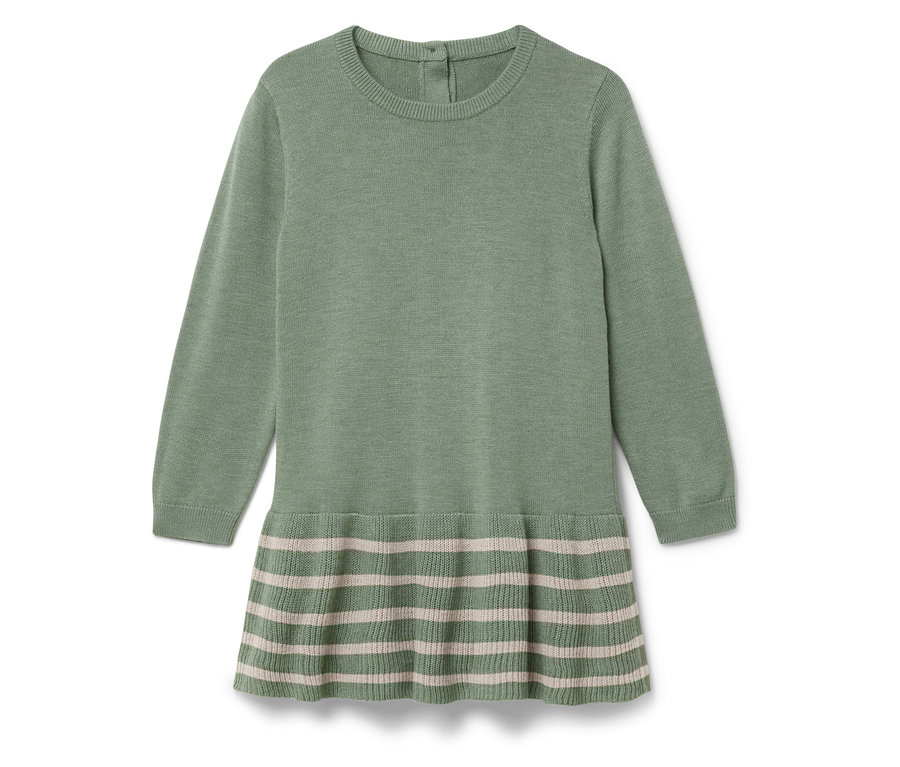 Robe tricotée verte à manches longues et jupe rayée.