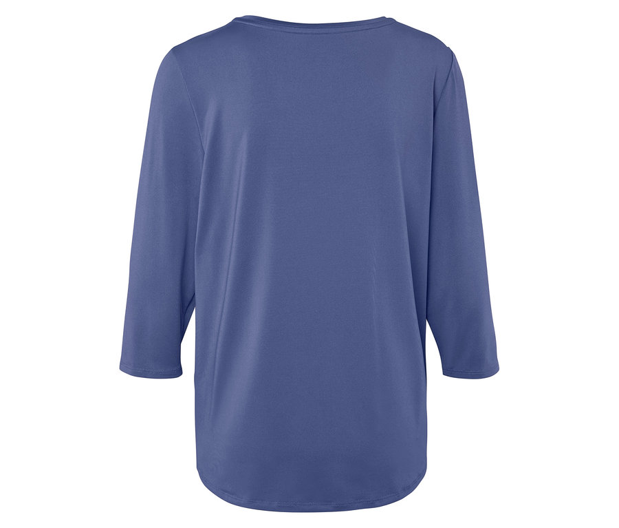 Vue arrière d'un t-shirt bleu à manches trois-quarts.