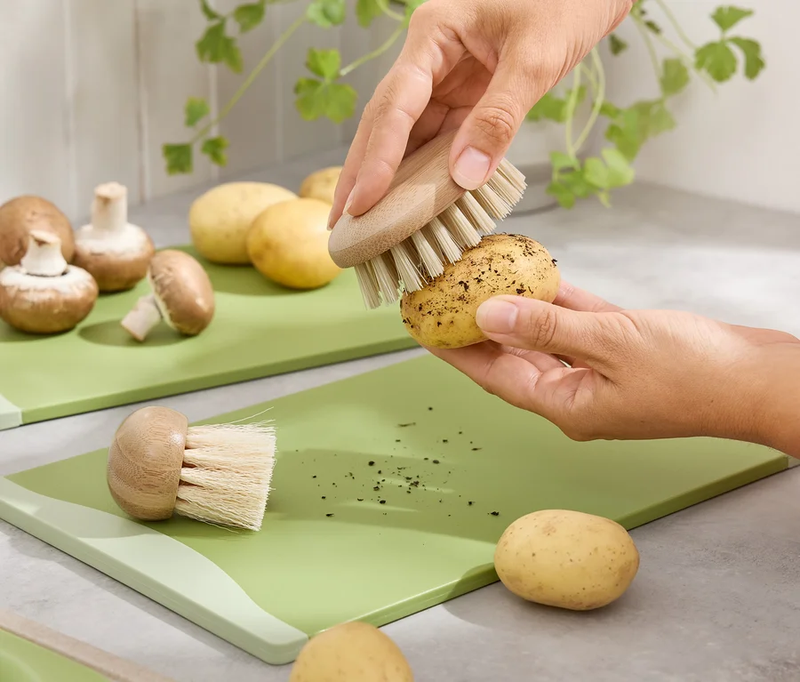 Des mains brossent une pomme de terre sur une planche à découper verte. Des champignons bruns et des pommes de terre sont à l'arrière-plan.