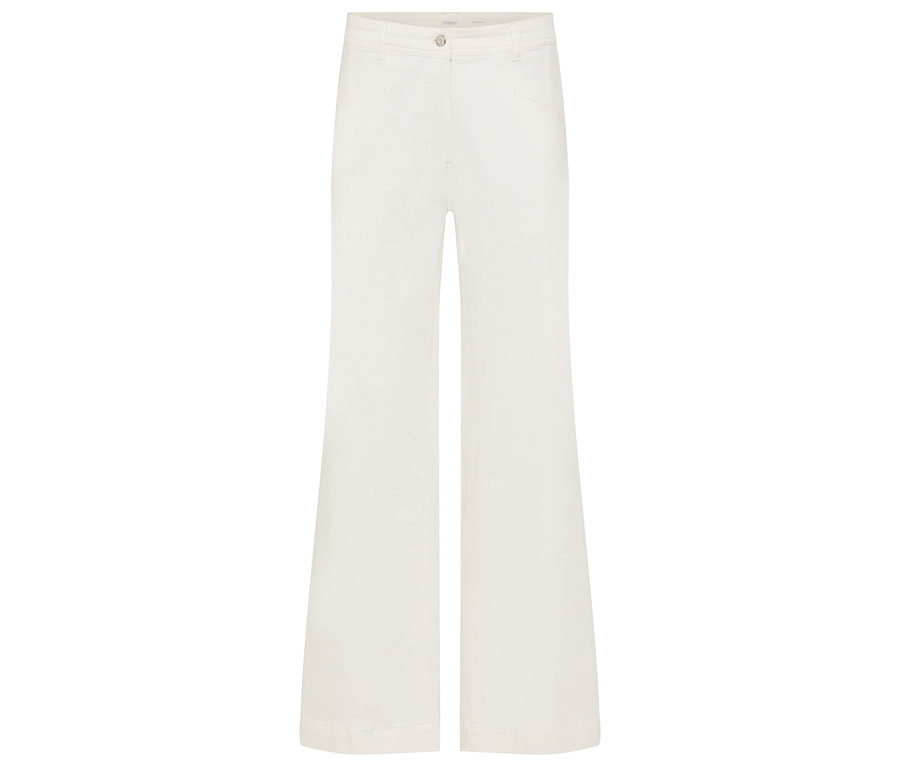 Un pantalon à pattes d'éléphant crème est posé sur un fond blanc.