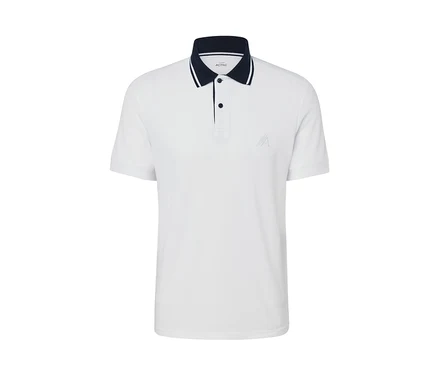 Polo fonctionnel blanc à manches courtes avec bordure bleu foncé sur le col.