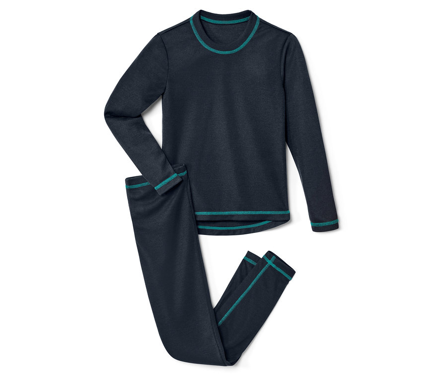 Sous-vêtements thermiques bleu foncé comprenant un haut à manches longues et un pantalon, avec des accents turquoise sur fond blanc.