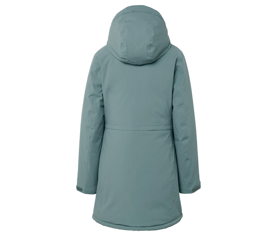 Vue arrière d'un long manteau bleu clair à capuche.