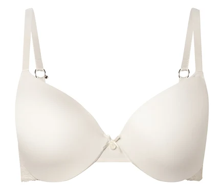Soutien-gorge couleur ivoire à armatures et bretelles réglables, centré sur un fond blanc.