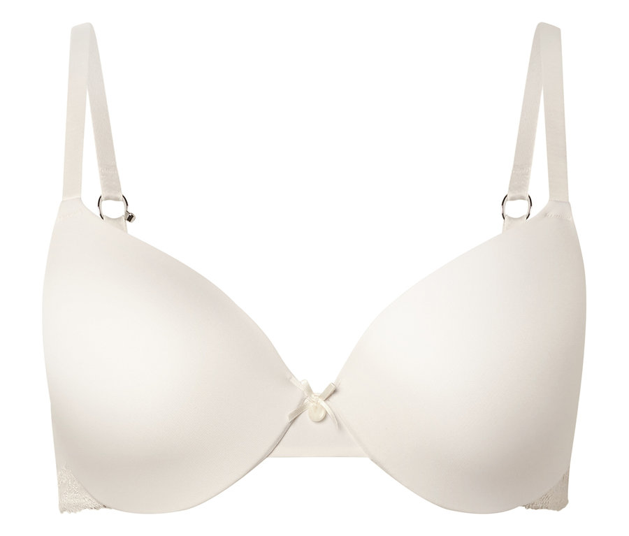 Soutien-gorge couleur ivoire à armatures et bretelles réglables, centré sur un fond blanc.