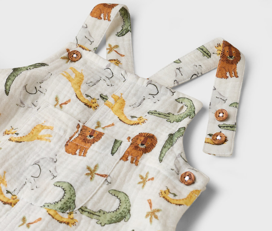 Gros plan sur une salopette blanche pour enfant avec un motif de crocodiles, de lions, d'éléphants et de girafes.