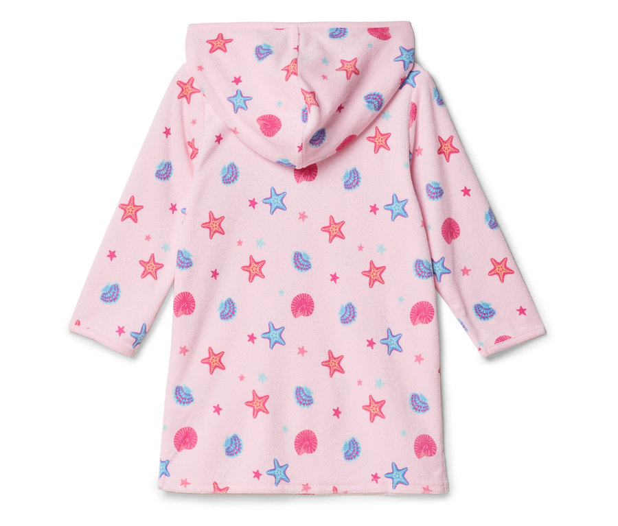 Peignoir rose à capuche, imprimé d'étoiles de mer et de coquillages.