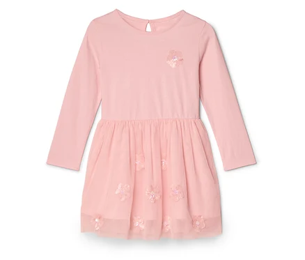 Robe rose à manches longues avec jupe en tulle et applications de fleurs.