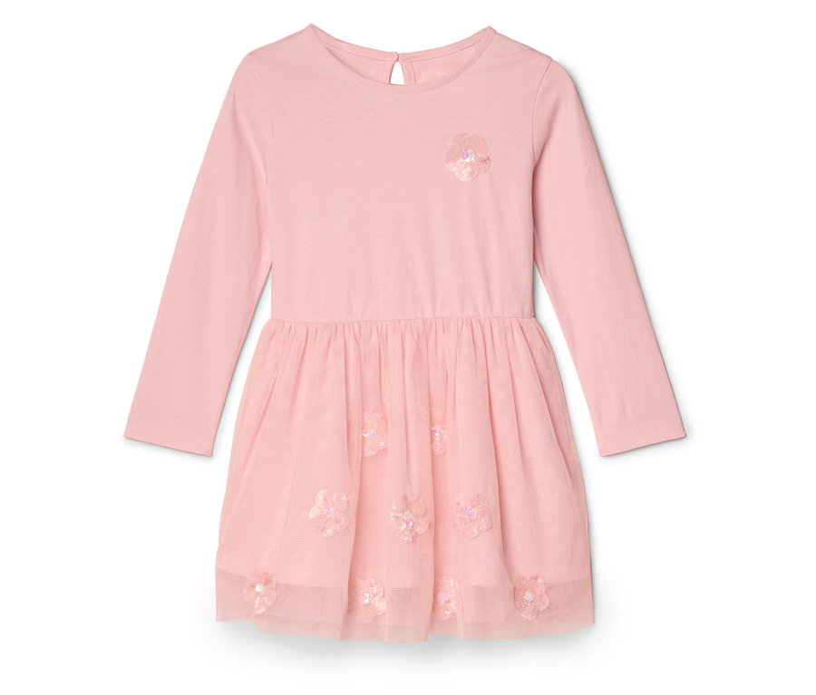 Robe rose à manches longues avec jupe en tulle et applications de fleurs.