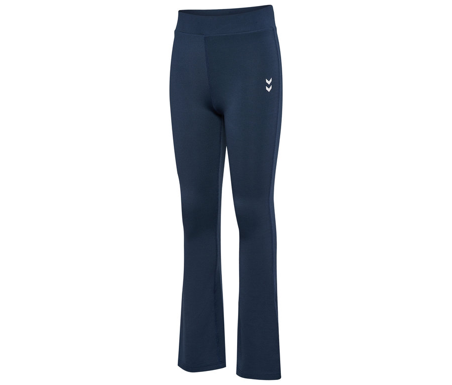Collant évasé taille haute hummel® HMLJR bleu marine avec chevron blanc sur la cuisse.