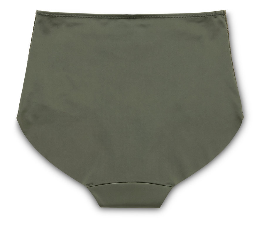 Culotte de bikini vert foncé à taille haute sur fond blanc.