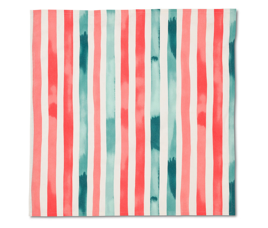 Un tissu carré à rayures rouges, turquoises et blanches.