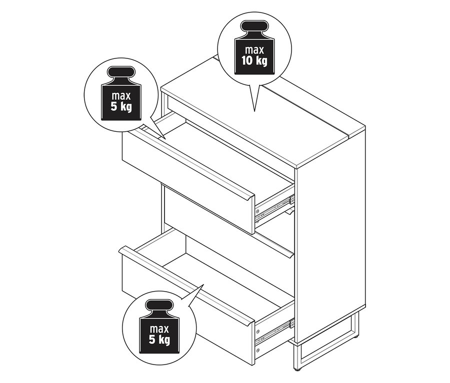 Illustration d'une commode «
LEEG
» avec 4
tiroirs et un miroir, dont deux tiroirs sont ouverts, ainsi que des informations sur le poids.