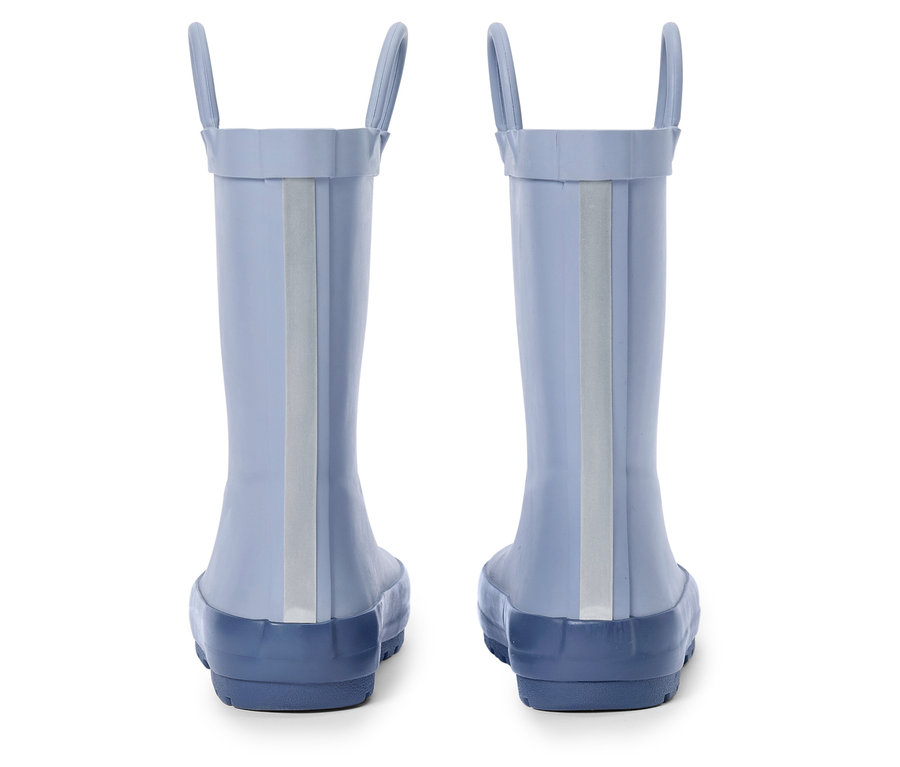 Vue arrière de deux bottes en caoutchouc bleu clair avec des semelles bleues.