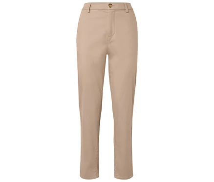 Pantalon beige avec fermeture boutonnée.
