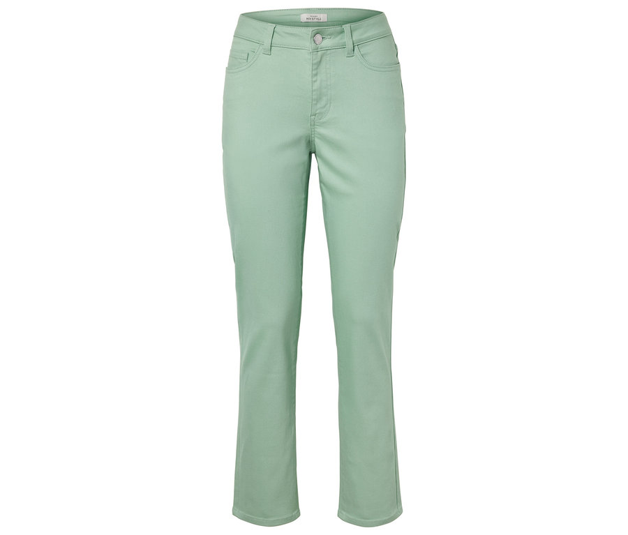 Pantalon en tissu vert menthe clair avec une jambe droite.