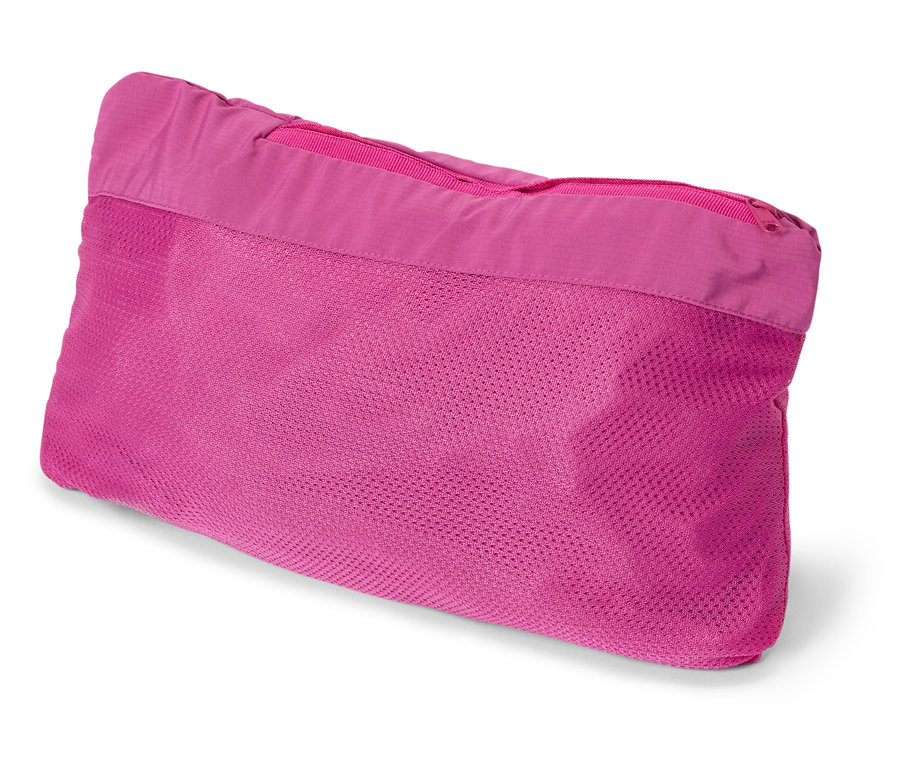 Sac de rangement rose en maille avec fermeture éclair.