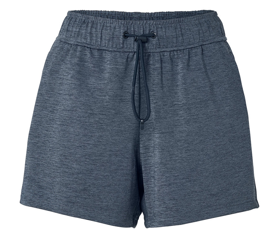 Gros plan sur un short bleu marine chiné avec cordon de serrage.