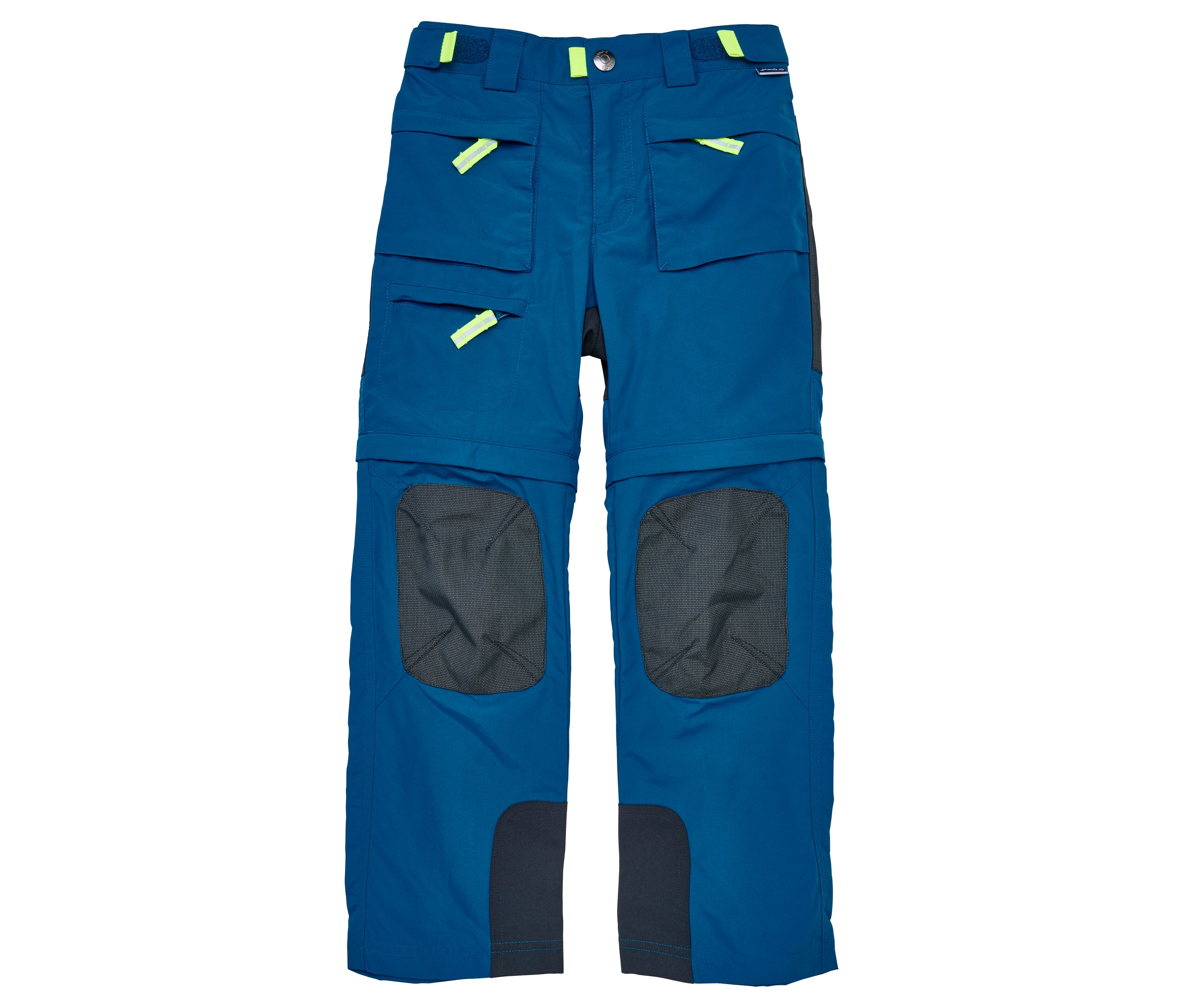 Le pantalon zippé JAKO-O, pétrole, est un pantalon long bleu avec des poches et des détails jaune néon.