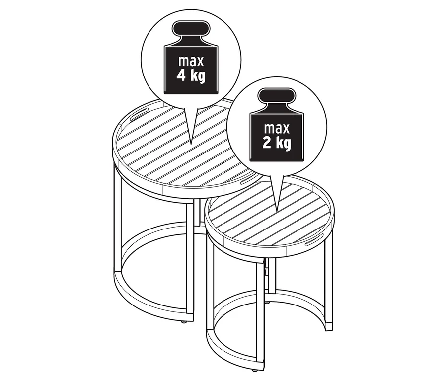 Deux tables d'appoint de jardin avec plateaux amovibles, Ø env. 40 cm et 50 cm.