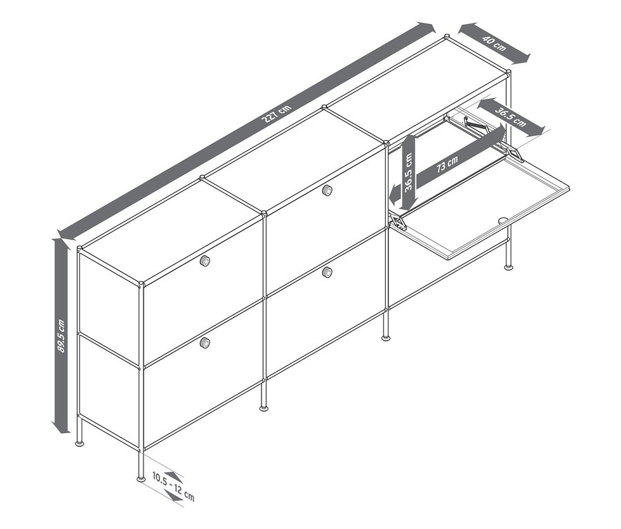 Illustration noire d'un système d'armoires modulaires avec des mesures.