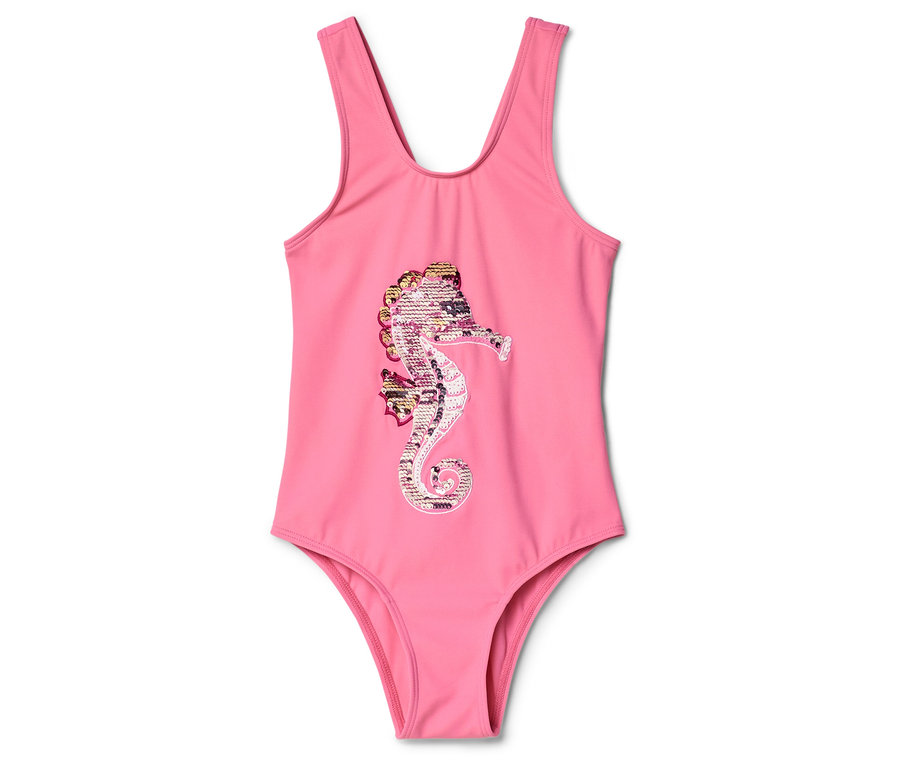 Un maillot de bain rose avec un motif d'hippocampe coloré au centre.