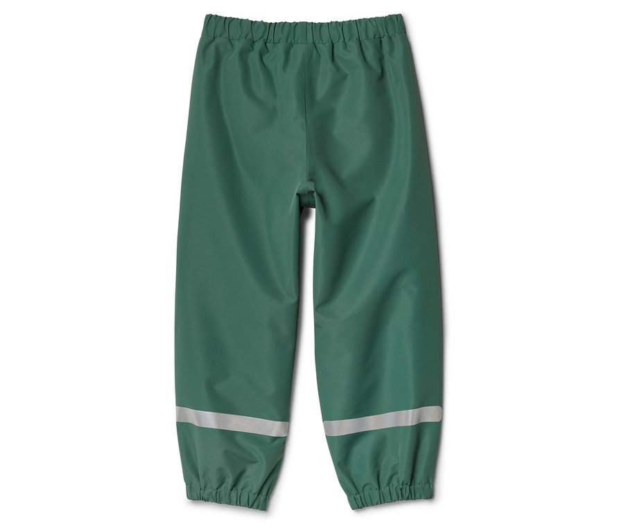 Pantalon de pluie vert avec élastique et bandes réfléchissantes en bas des jambes sur fond blanc.