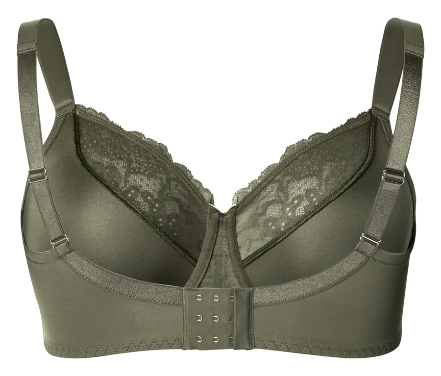Vue arrière d'un soutien-gorge vert olive avec de la dentelle sur les bonnets et des bretelles réglables.