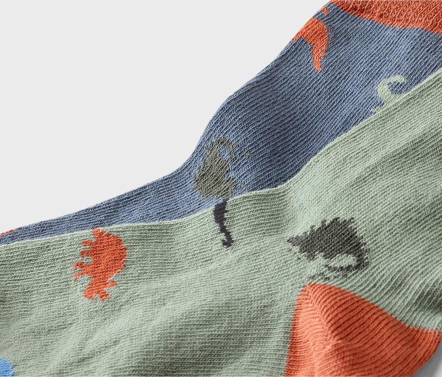Gros plan de deux paires de chaussettes dans les tons vert et bleu avec un motif de dinosaures et des pointes et talons orange.