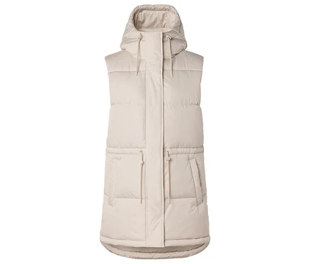 Longue doudoune sans manches beige à capuche avec cordons de serrage à la capuche et à la taille, et poches plaquées.