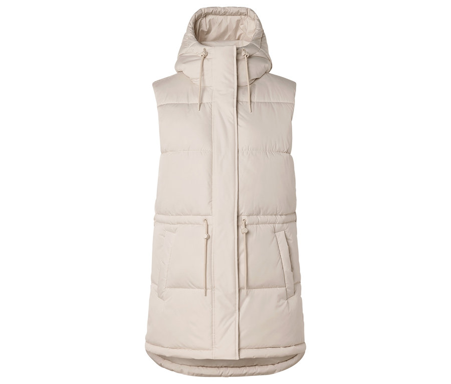 Longue doudoune sans manches beige à capuche avec cordons de serrage à la capuche et à la taille, et poches plaquées.
