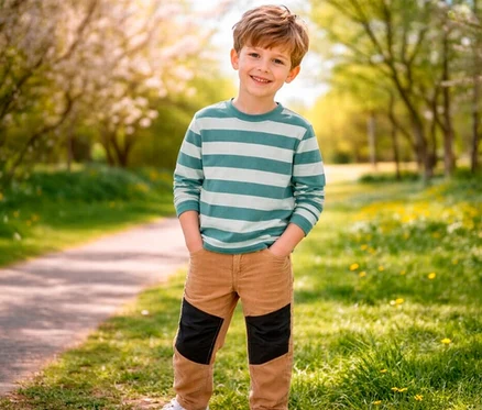 Un garçon souriant se tient sur un chemin de parc, portant un t-shirt rayé à manches longues et un pantalon en velours côtelé marron avec des patchs noirs aux genoux.