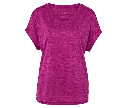Gros plan sur un t-shirt de sport chiné rose à col en V.